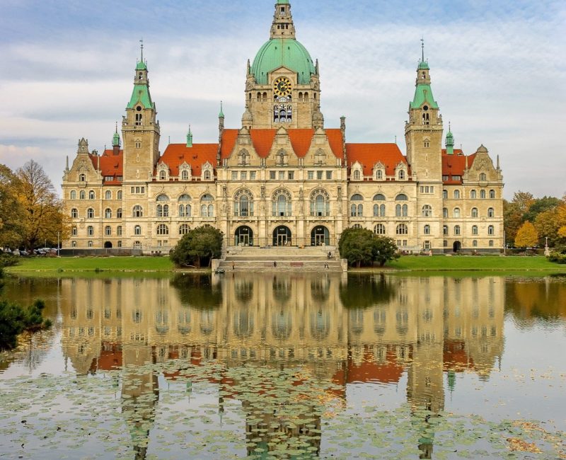 Historic town hall with pond in Hannover, Germany.